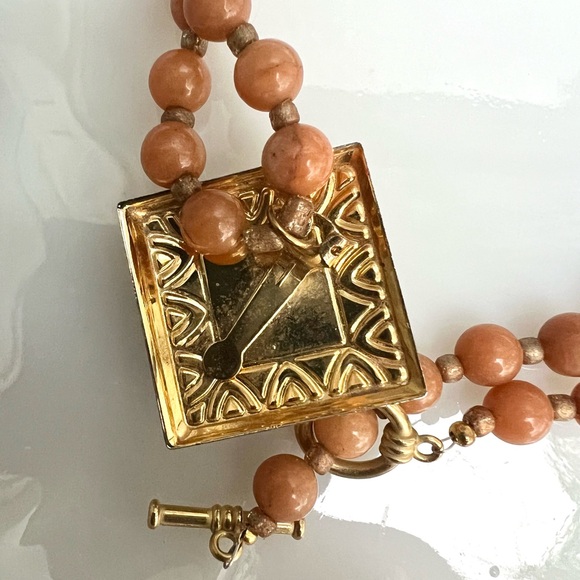 Vintage Peach Fuzz Glass Beads 22” Mirrored Tin Statement Necklace 1960’s MCM - Picture 5 of 8